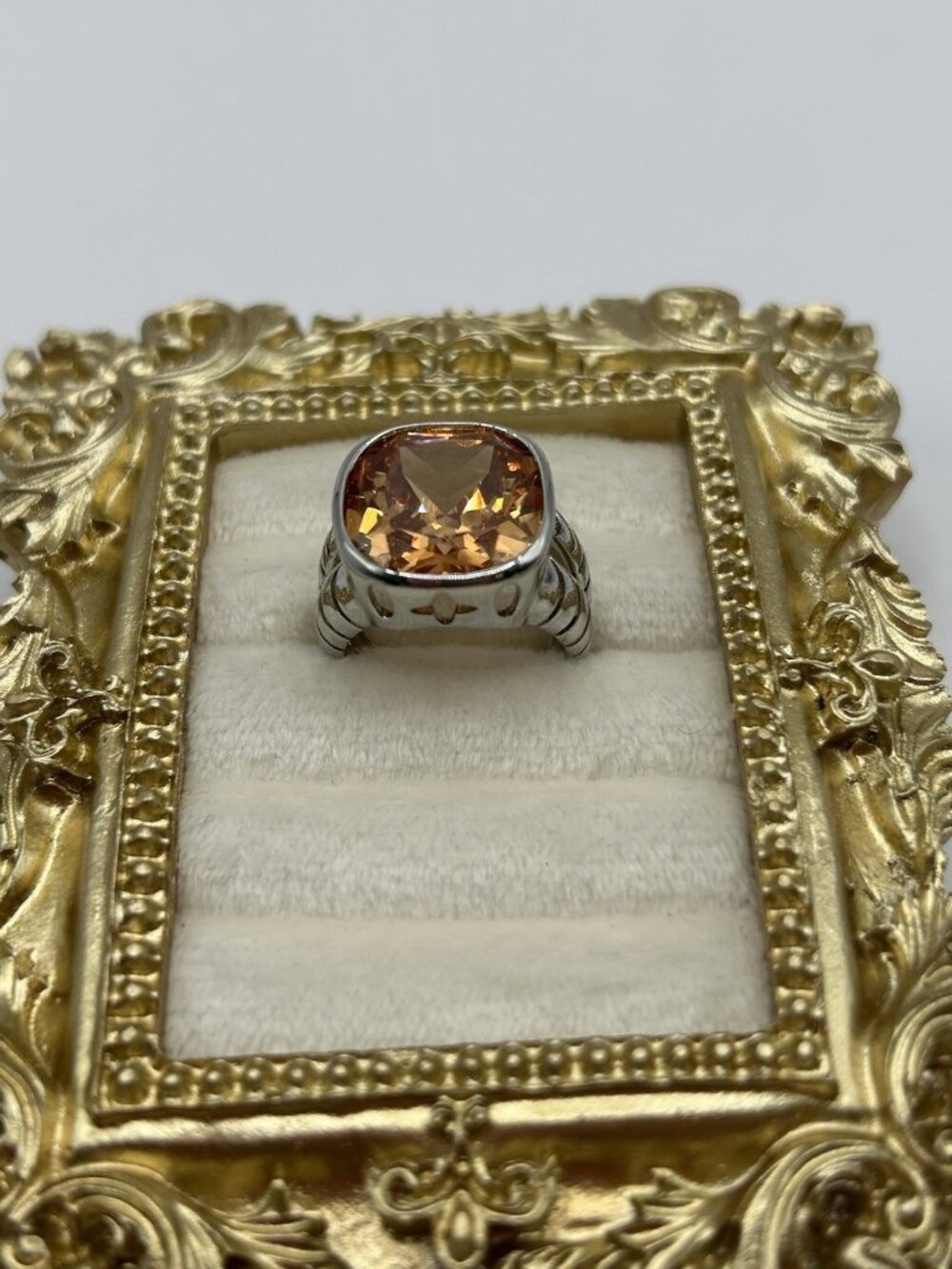 Silver Tone Ring Peach Size 6.5 Statement Jewelry Ring Cottagecore Romantic Love - Picture 2 of 12